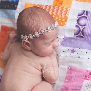 Newborn Silver Finish Rhinestone and Pink Pearl Augusta Tie Back Baby Headband Photo Prop Newborn Headband Baptism Christening Headband