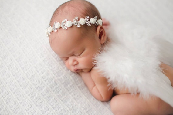 White Angel Wing and Flower Rhinestone Headband, Newborn Wings, Newborn Photo Prop, Newborn Angel Wings, Rhinestone Headband