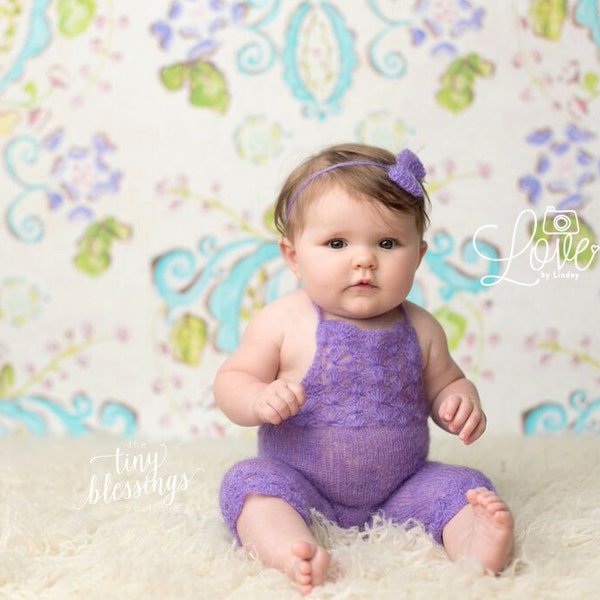 Purple Sitter Set / Knit Toddler Romper / Mohair Romper / Iris Bow Tie Back / Iris Romper / Toddler Photo Prop / Knit Photo Prop / RTS