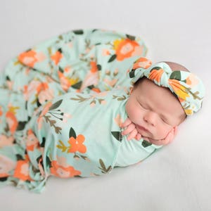 Knit Swaddle Blanket, Knot Headband, Headband Swaddle Set, Lightweight Baby Blanket, Swaddling Blanket, Knit Blanket, Soft Baby Blanket, image 1