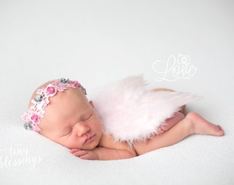 Conjunto de alas de bebé rosa / Conjunto de alas de ángel bebé / Diadema de encaje con cuentas / Alas de ángel / Accesorio fotográfico para recién nacidos / Ala de recién nacido / Traje de ángel para recién nacidos