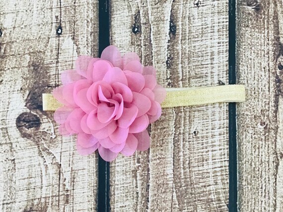 Gold Elastic Headband / Mauve Flower Headband / Baby Girl Headband / Baby Headband / Photo Prop / Newborn Prop / Baby Girl Photo Prop