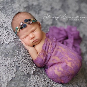 Purple and Aqua Rhinestone Headband and Lace Wrap, Newborn Photo Prop, Newborn Wrap, Rhinestone Headband