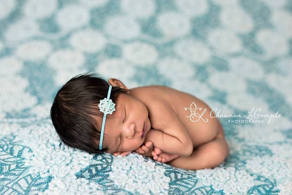 Rhinestone Flower Headband / Aqua Headband / Newborn Headband / Baby Headband / Petite Headband / Baby Girl Headband