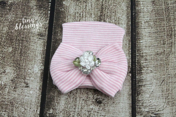 White Rhinestone Flower Newborn Hat, Newborn Hat, Baby Hat, Hospital Hat, Newborn Coming Home Outfit, Newborn Hospital Hat, Newborn Hat