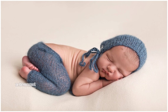 Blue Newborn Pants / Blue Knit Pants / Mohair Photo Prop / Mohair Bonnet / Newborn Photo Prop / Newborn Knit Outfit / Blue Bonnet / RTS