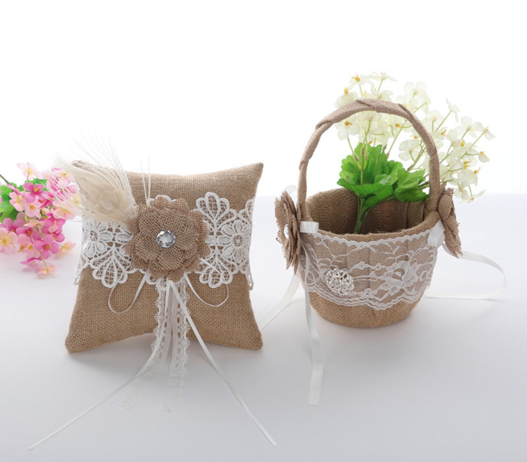 Burlap Ring Pillow and Flower Girl Basket, Ring Bearer Pillow and