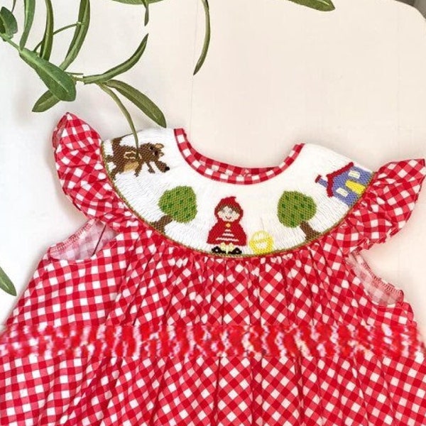 Smocked Little Red Riding Hood Dress in Red dot- Ruffle sleeves, Heirloom, Easter, Spring, Portrait, Vintage Style, Baby Girl, Fairy tale