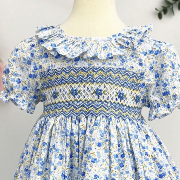 Princess Charlotte Blue Floral Embroidery Smocked Girl Dress| Spring Summer Handmade Dress | Smocked Summer Dress |  Matching sister photo