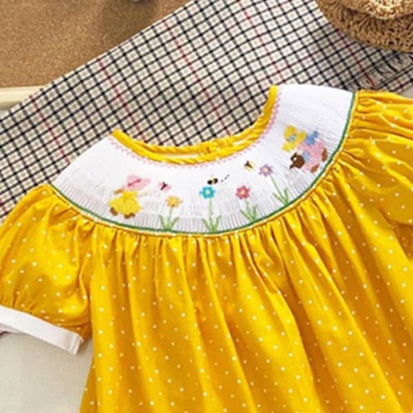 Yellow Floral Embroidery Smocked Girl Dress| Spring Summer Handmade Dress | Smocked Outfit Vintage Inspired| Garden Matching sister mommy