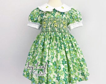 Green Shamrock Embroidery Smocked Girl Dress| Spring Summer Handmade Dress | Smocked St Patrick’s Day Dress | Garden Matching sister mommy