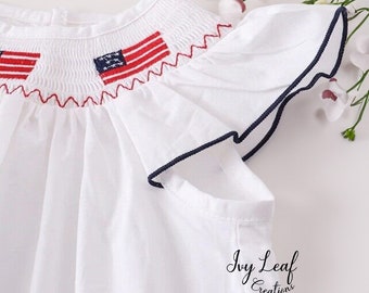 Fourth of July Smocked Dress- Fourth of July Smocked Bubble - American Flag Smocked Romper - Smocked Summer Baby Outfit - Baby summer dress