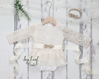 Rustic baby girl lace romper, Sash Headband, 1st birthday lace chic Baby girls boho outfit, Boho girl outfit, Rustic baby girl lace romper
