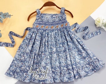 Princess Charlotte Blue Floral Embroidery Smocked Girl Dress| Spring Summer Handmade Dress | Smocked Summer Dress |  Matching sister photo