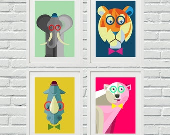 Wild Animals Set of 4 Prints, Elephant, Tiger, Rhino, Polar Bear, Hipster, Wild Animal, wall art, digital, nursery art, kids room decor