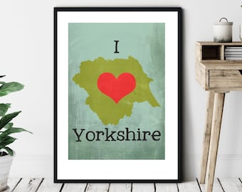 I Love (Heart) Yorkshire Map Illustration Print A4/A3/A2 poster illustrated, Yorkshire, County, Map, love, Heart