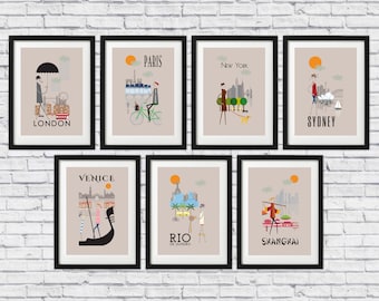 7 Cities of the World Prints Seven A4 8x11 Wall Posters Art Decor Retro Illustrated Travel London Paris New York Sydney Venice Shanghai Rio