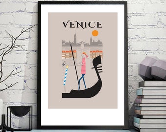 Venice City Print A4/A3/A2 poster wall art decor retro design Italy Italian cityscape illustrated travel Grand Canal Rialto Bridge gondola