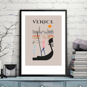 Venice City Print A4/A3/A2 poster wall art decor retro design Italy Italian cityscape illustrated travel Grand Canal Rialto Bridge gondola