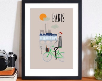 Paris City Print A4/A3/A2 poster wall art decor retro design cityscape of Paris France illustrated eiffel tower