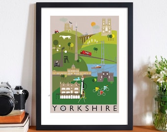 Yorkshire County Illustration Print A4/A3/A2 poster illustrated, Whitby, York, Emley Moor, Yorkshire Tea, Skipton, Bettys, Tour de Yorkshire