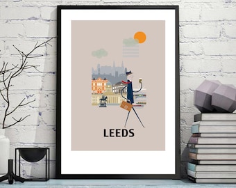 Leeds City Print A4/A3/A2 poster wall art cityscape skyline west yorkshire retro design illustration