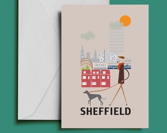 Sheffield City Greeting Card - art Steel city skyline south yorkshire design illustrated - A6 size 6x4"