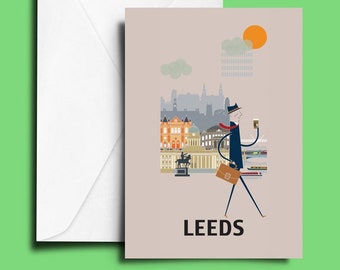 Leeds City Greeting Card  - art city skyline yorkshire design illustration - A6 size 6x4"