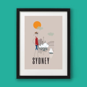 Sydney Print A4/A3/A2 Poster wall art decor fun retro design city Australia Sydney Harbour Bridge Opera House skyline illustrated travel