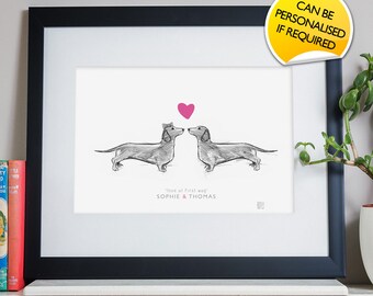 Love At First Wag - Sausage Dogs Print A4/A3/A2 poster wall art decor home dog lovers illustration wedding anniversary valentines day love