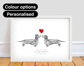 Personalised Sausage Dogs Print A4/A3/A2 poster wall art decor dog dachshund illustration wedding anniversary valentines day love