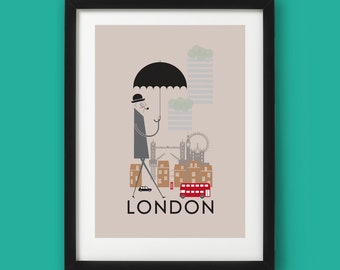 London City Print A4/A3/A2 poster wall art decor retro design cityscape of london england landmarks british illustrated