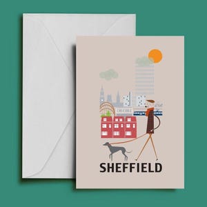 Sheffield City Grußkarte - Kunst Steel City Skyline South Yorkshire Design illustriert - A6 Größe 6x4"