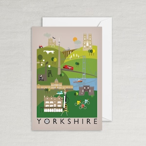 Yorkshire County Illustration Grußkarte - Whitby, York, Emley Moor, Yorkshire Tee, Bettys, Tour de Yorkshire - A6 Größe 6x4"