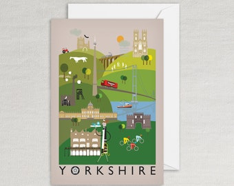 Yorkshire County Illustration Greeting Card - Whitby, York, Emley Moor, Yorkshire Tea, Skipton, Bettys, Tour de Yorkshire - A6 size 6x4"