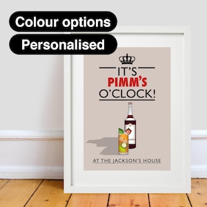 May include: A beige printable art print with a crown, the text "It's Pimm's O'Clock!" in black and red, and a glass of Pimm's with a slice of orange and cucumber. The text "At the Jackson's House" is at the bottom of the print.