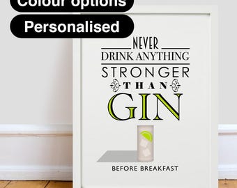 Puede incluir: Una impresión enmarcada en blanco con el texto "Nunca beber nada más fuerte que la ginebra antes del desayuno". El texto está en negro con un contorno verde. Un vaso de ginebra con una rodaja de lima se ilustra debajo del texto.