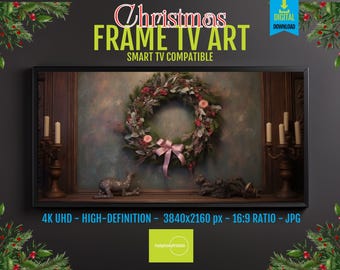 Rustic Holiday Wreath Art - Christmas Samsung Frame TV Decor | Digital Download | Festive Screensaver | 4K HD 16x9"