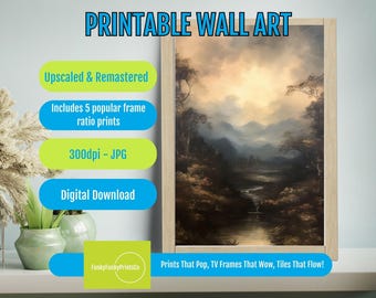 Boho Landscape Printable – Moody River & Mountain Wall Art | Warm Neutral Nature Decor, Vintage Style | Digital Download