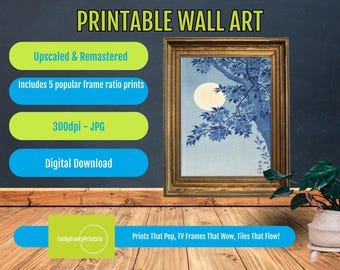Cherry Blossom Serenade: Vintage PRINTABLE Japanese Art Print, Moonlit Night Scene, Nature Wall Decor, Ohara Koson Inspired