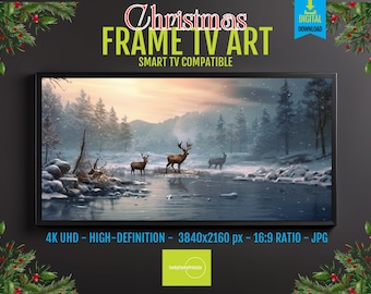 Samsung Frame TV Art Deer in Snowy Winter - Landscape Christmas - Winter Wonderland | Holiday Frame Artwork | Digital Download | 4K HD 16x9