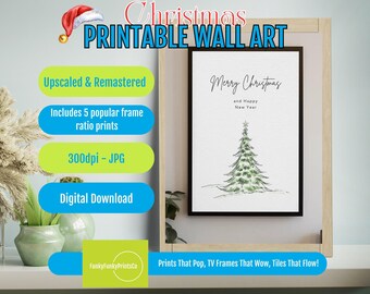 Minimalist Merry Christmas and Happy New Year Printable - Modern Holiday Tree Art - Elegant Seasonal Decor - Digital Download