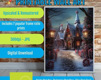 Vintage Christmas Printable Wall Art,Snowy Cottage Winter Village Scene, Cozy Holiday Mantel Decor,Nostalgic Festive Digital Download Poster