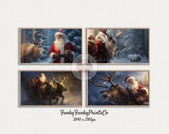 Samsung Frame Tv Art Christmas, Christmas Frame Tv Art File, Vintage Santa & Reindeer, Instant Download, Snowy Forest, Christmas Decor
