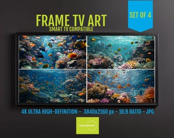 Samsung FRAME TV Ocean Coral Reef Art Set of 4 - Digital Undersea Seascape Aquarium Prints - 4K UHD Marine Life Downloadable Decor