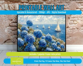 Coastal Hydrangea Digital Wall Art, Blue Flowers and Sailboat Scene, Serene Seaside Print for Beach Cottage or Coastal Home Decor