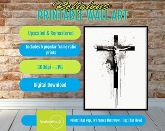Jesus on the Cross Wall Art, Black and White Christian Print, Inspirational Crucifixion Illustration, Spiritual Home Decor, Digital Download