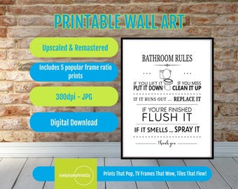 Bathroom Rules Sign PRINTABLE Funny Bathroom Art, Black and White Wall Decor, Digital Download, Modern Humorous Restroom Quote Gift