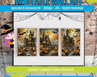 Spooky Halloween Wall Art Prints, Set of 3, Vintage Gothic Decor Bundle, Haunted Ghost Moon Posters, Autumn Mantel Gallery Digital Download