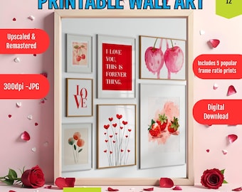 Valentine Wall Art Set of 12 Digital Prints, Romantic Floral & Heart Decor, Cherry Red Pink PRINTABLE Gallery, Love Holiday Gift